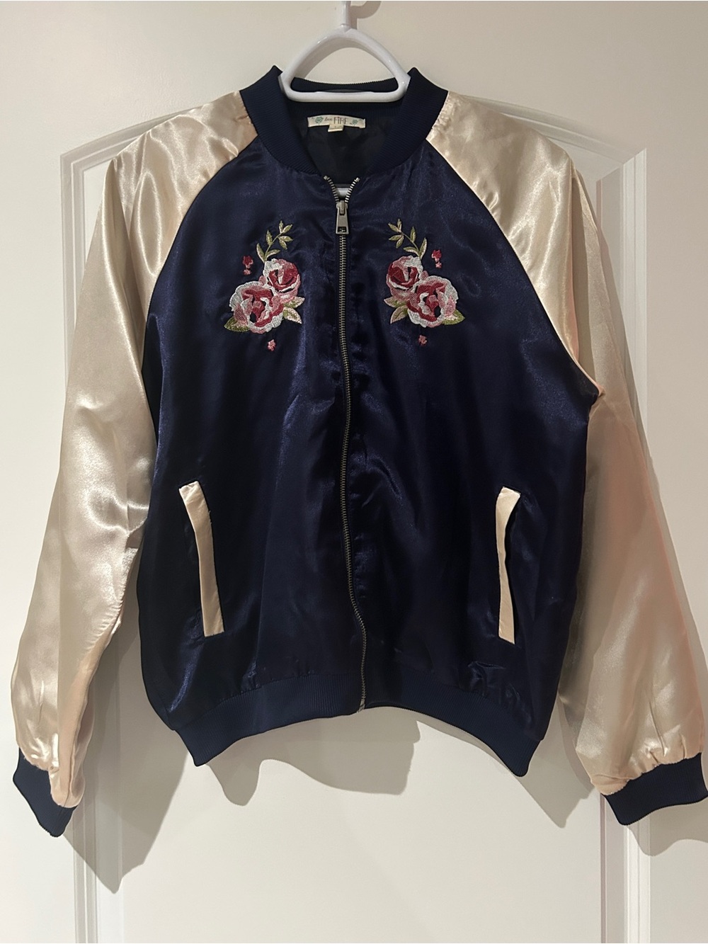 love, Fire Navy & Cream Satin Embroidered Bomber Jacket